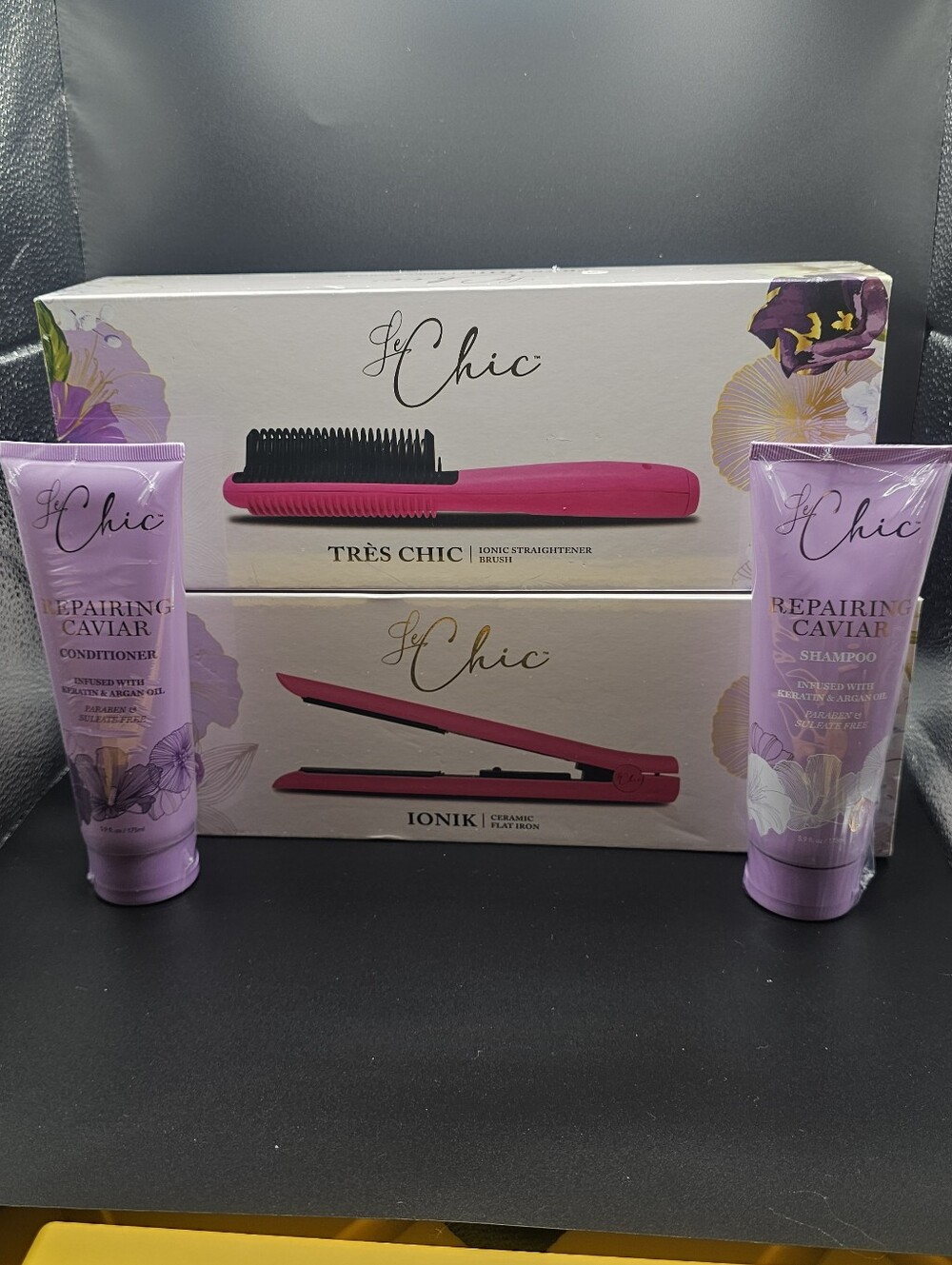 Le Chic Hair Styling Brush,Flat Iron With Caviar Repairing Shampoo&Condition Set